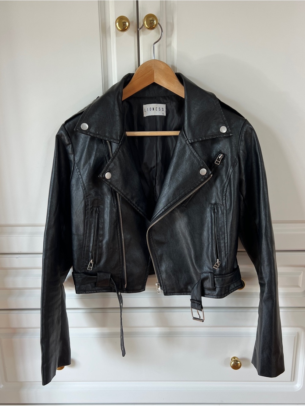 Lioness Black Leather Cropped Moto Jacket